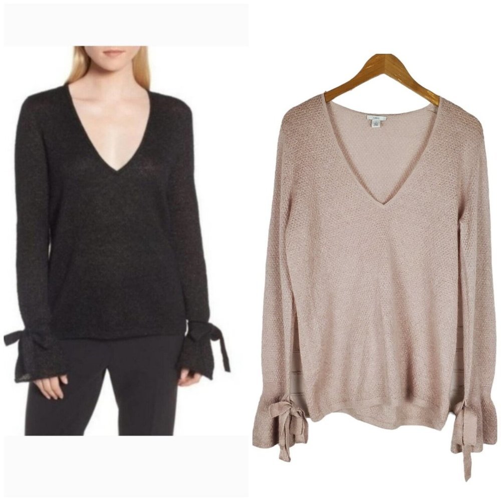 NEW Lewit Metallic Mohair Blend Sweater Size M V Neck Long Tie Sleeve Pullover